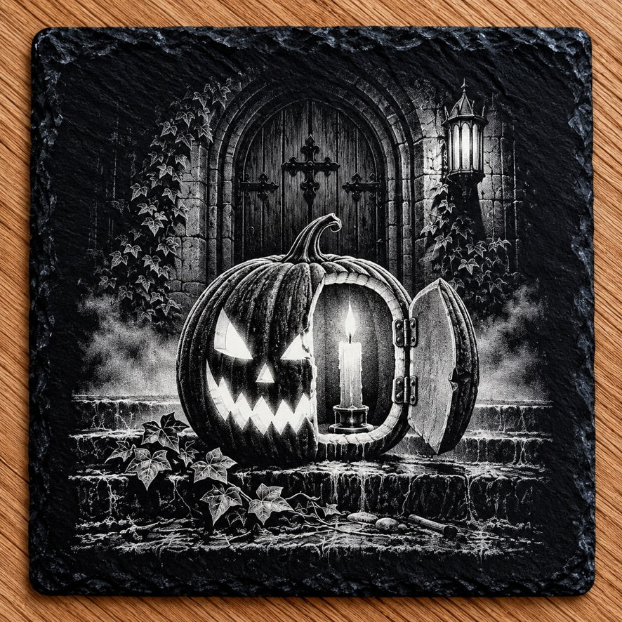 Candlelit Jack-o'-Lantern square slate coaster
