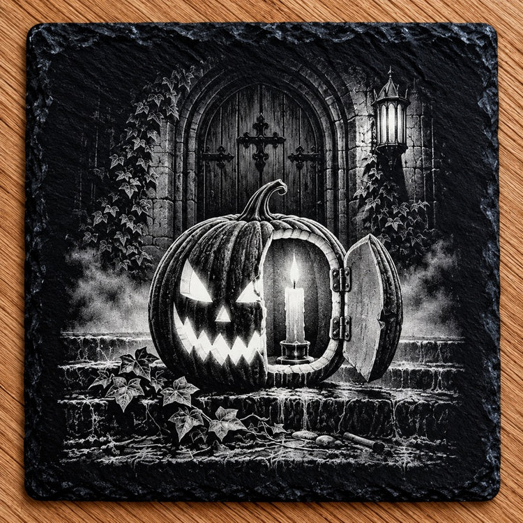 Candlelit Jack-o'-Lantern square slate coaster