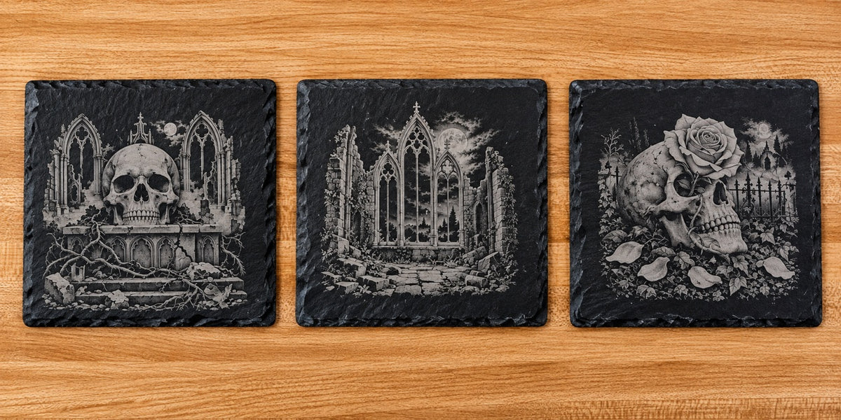 Gothic Skull, Moonlit Cathedral Ruins and Skull & Roses square slate coasters