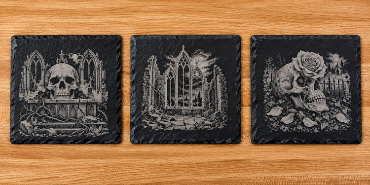 Gothic Skull, Moonlit Cathedral Ruins and Skull & Roses square slate coasters