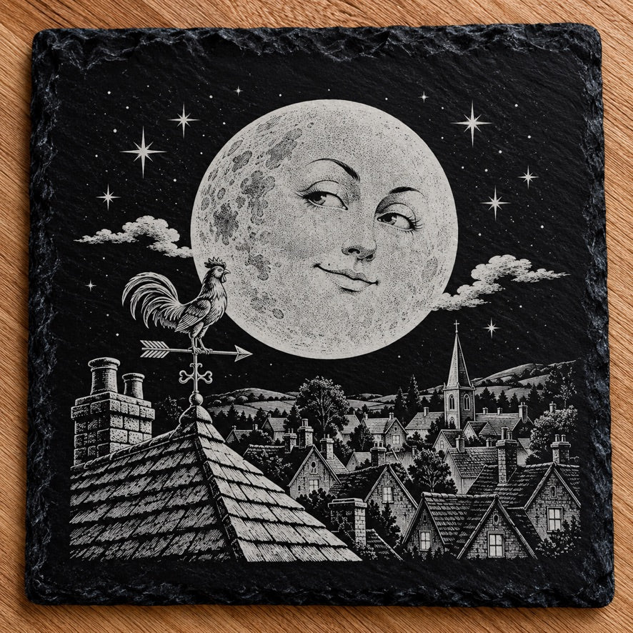 Moon Over the Village square slate coaster