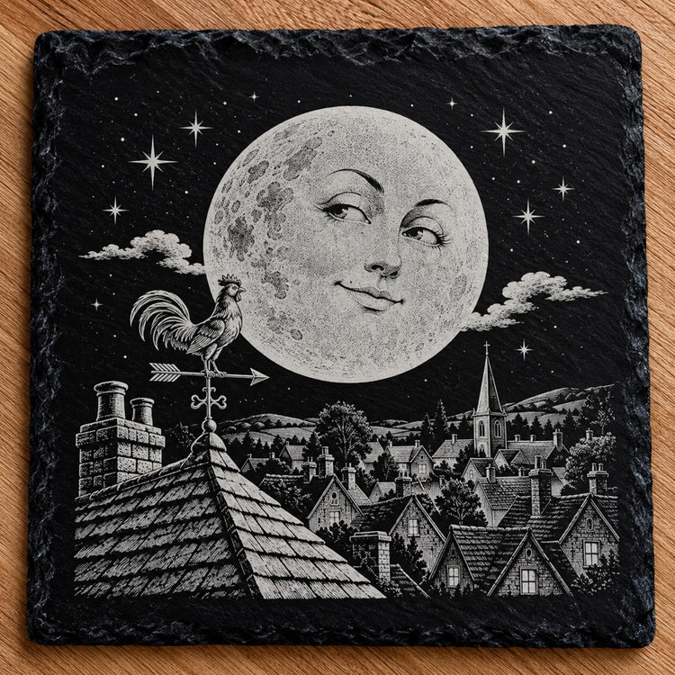 Moon Over the Village square slate coaster