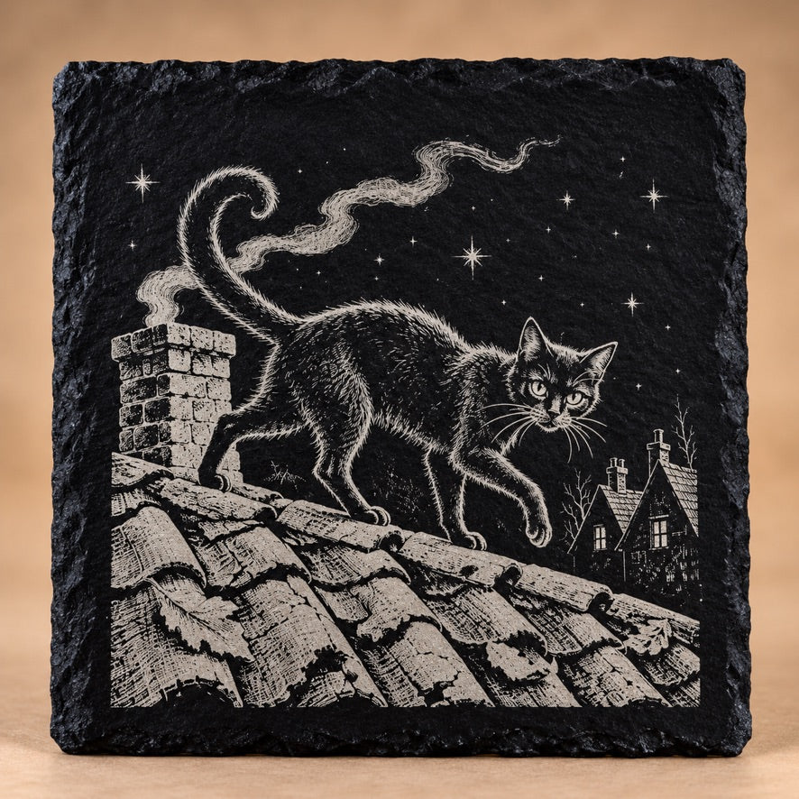 Rooftop Black Cat square slate coaster