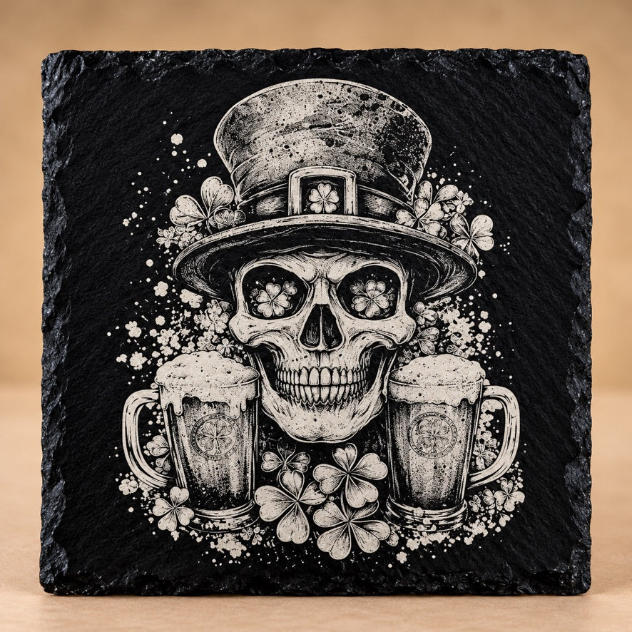 Shamrock Skull square slate coaster