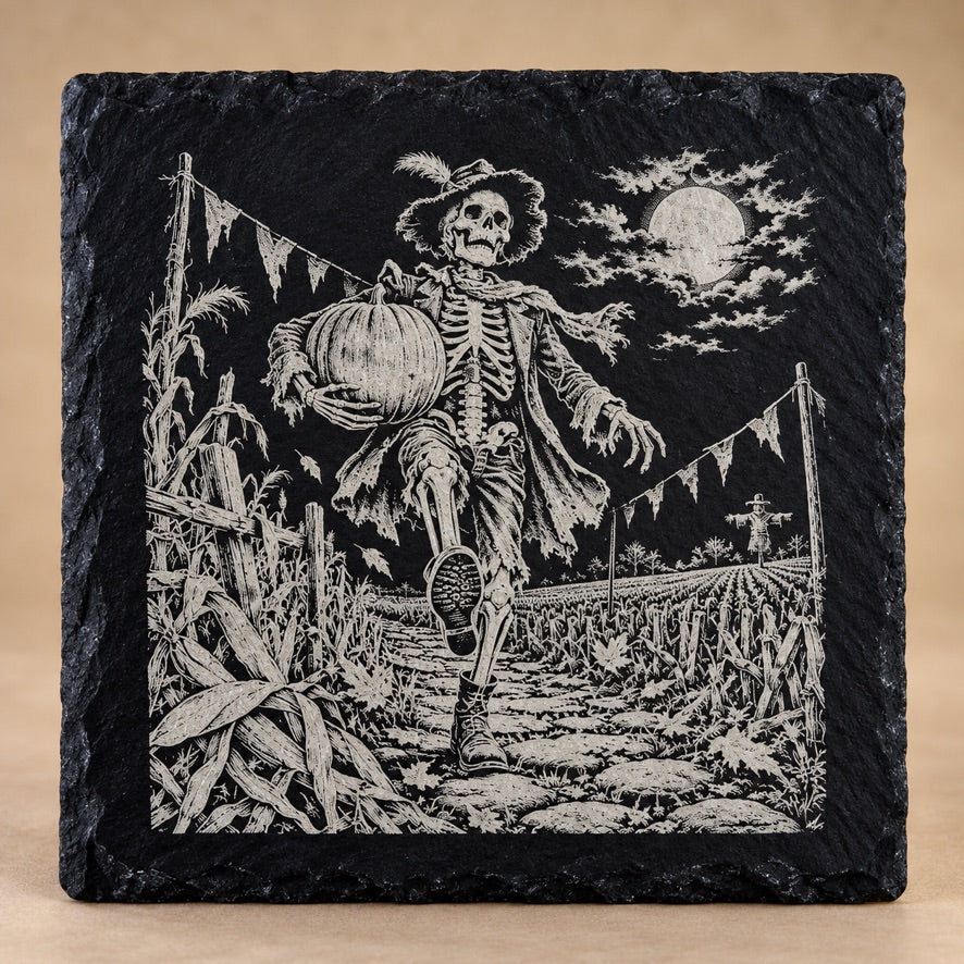 Skeleton Scarecrow square slate coaster