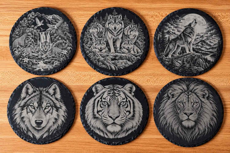 Round wildlife slate coasters: Jungle Waterfall, Wolf Pack, Howling Wolf, Wolf Portrait, Tiger Portrait and Lion Portrait